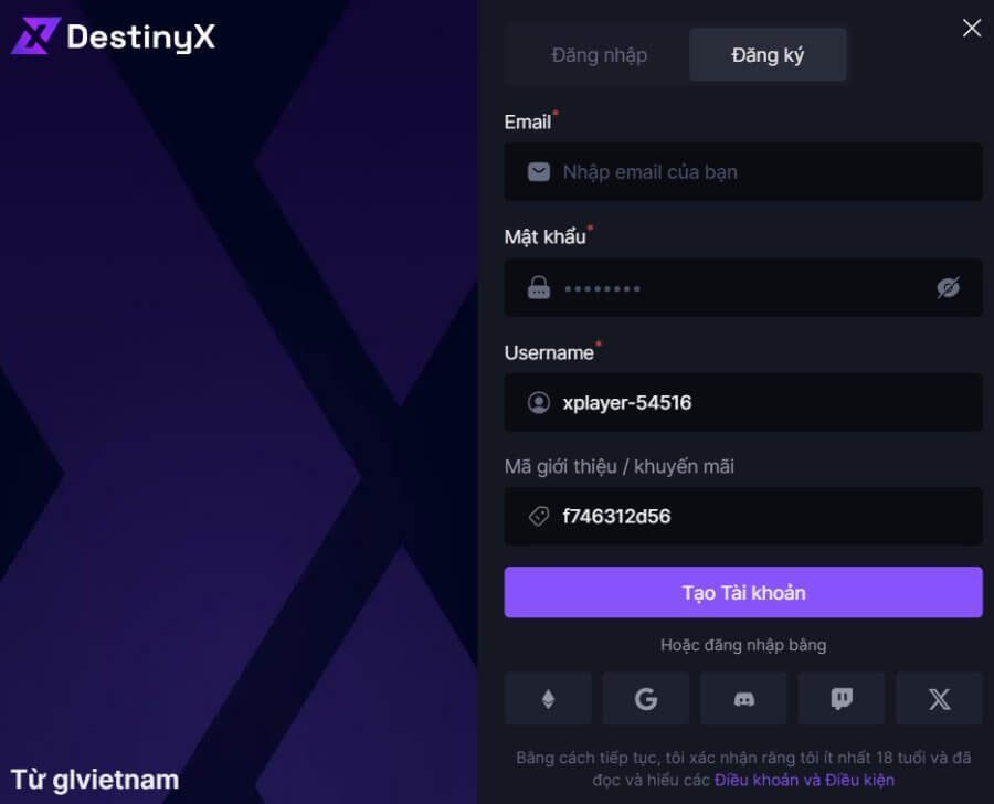 Registration at DestinyX casino for Vietnamese players